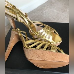 NEW! NEVER WORN! Beautiful POLLINI metallic leather and cork sandals. Size 8 1/2